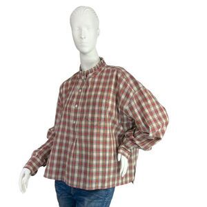 Charlie Joe Gabin Check Plaid Tartan Cotton High Neck Ruffle Popover Blouse Sz M